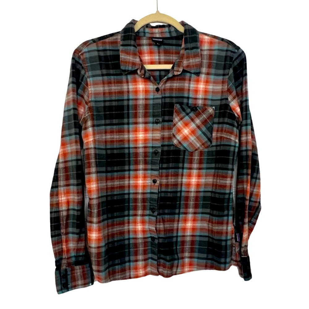 EUC Women’s Rust & Aqua Patagonia Flannel Long Sleeve Button Down Shirt Size 8
